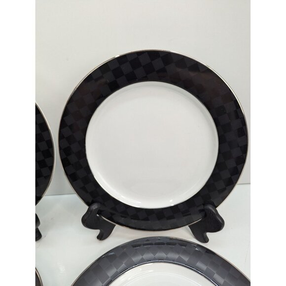 Nikko Fine China Black Tie Patra 8" Salad Plate Silver Trim Set of 4 - Picture 4 of 10